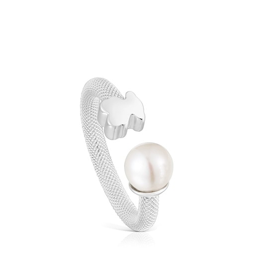 Silver Open ring with cultured pearl Icon Mesh