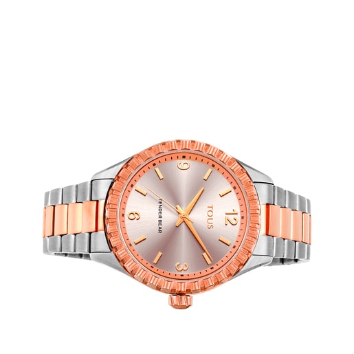 Two-tone rose gold-colored IP steel Tender Bear Watch with embossed bears