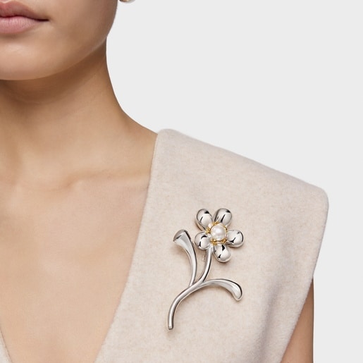 Two-tone flower Brooch with cultured pearl Daisy