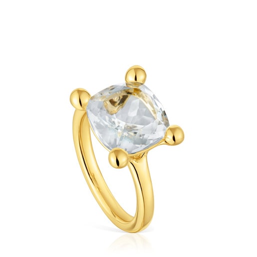 Anel médio banhado a ouro de 18 K sobre prata e quartzo de cristal de rocha Color White