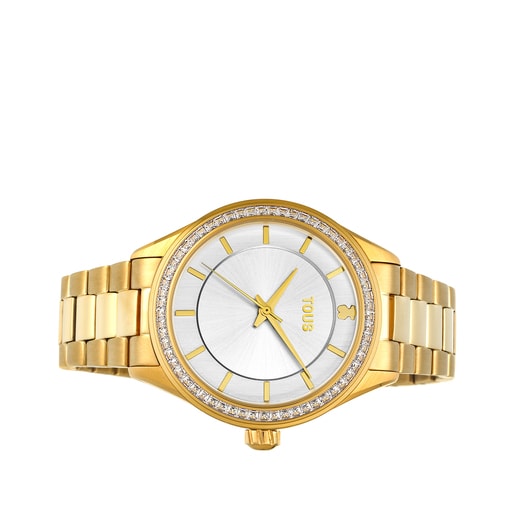 ゴールドカラーIPスティールにキュービックジルコニアが付いた腕時計 T-Shine