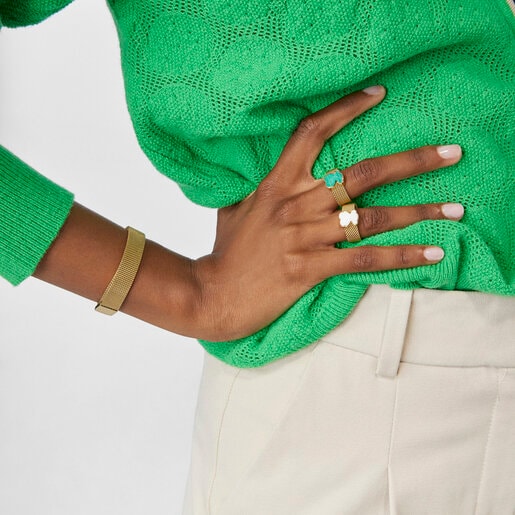 Gold-colored IP Steel Mesh Color Ring with Malachite Bear motif