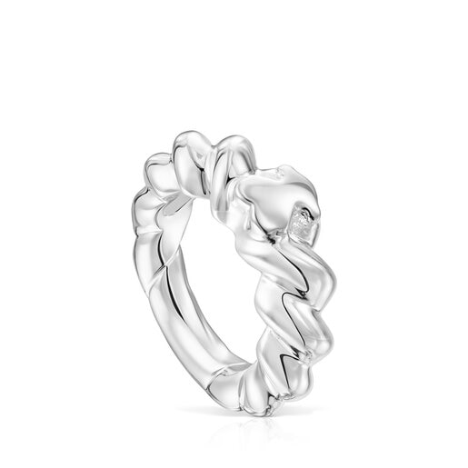 Twisted braided silver ring bear motif