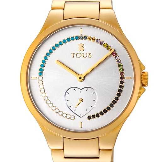 Gold-colored IP Steel heart Motion Straight Watch with crystals