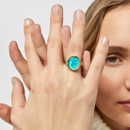 Anillo camafeo con baño de oro 18 kt sobre plata y glass verde Oceaan Color