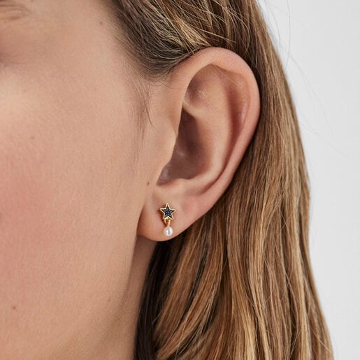 Aretes con baño de oro 18 kt sobre plata con estrella de zafiros y perla TOUS New Motif