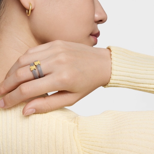 Gold and Steel Icon Mesh Ring