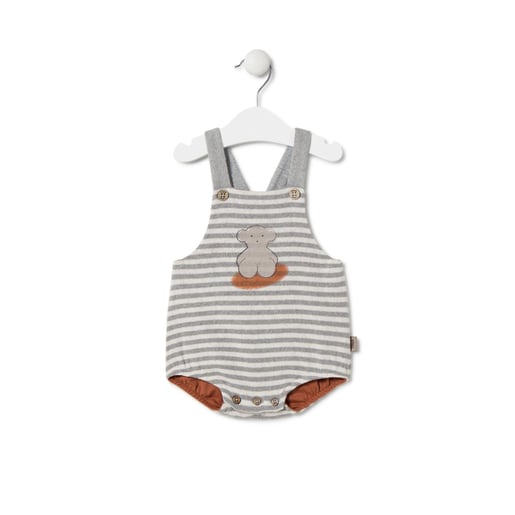 Stripy baby romper with bears in Grey ecru