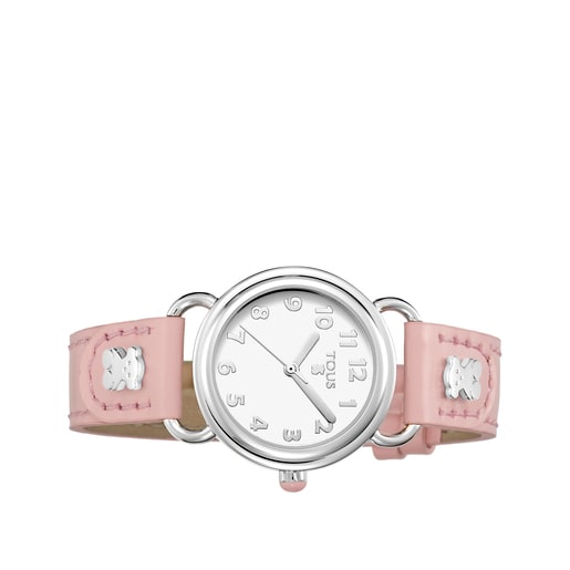 Uhr Baby Bear aus Stahl mit rosa Lederarmband