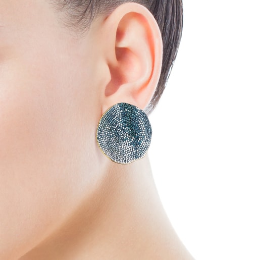 Large Gold ATELIER Nenufar Earrings with blue Diamonds