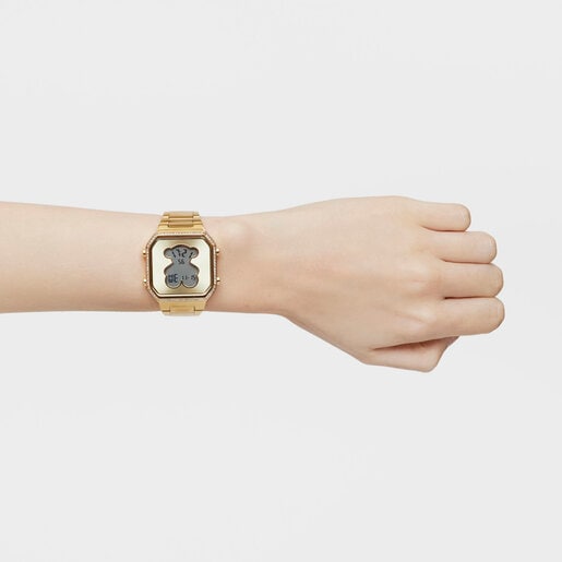 Digital Watch with gold-colored IPG steel bracelet and zirconias D-BEAR