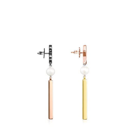 Pendientes largos con baño de oro rosa y amarillo 18 kt sobre plata, plata dark silver y perla Sweet Dolls