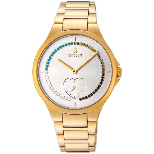 Gold-colored IP Steel heart Motion Straight Watch with crystals