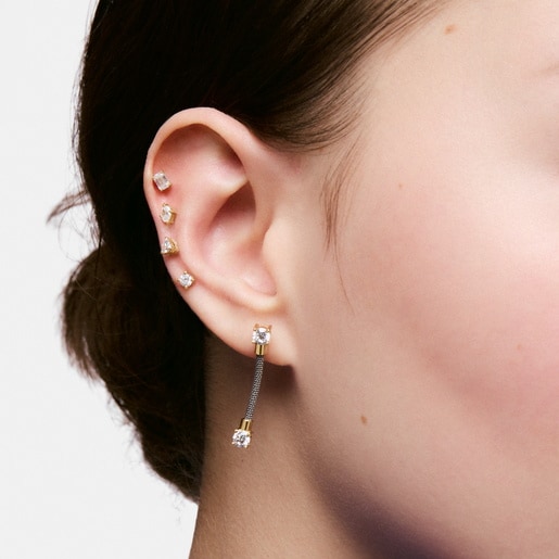 Aretes largos de acero, oro 14 kt  y diamantes creados en laboratorio TOUS Mesh LGD