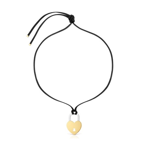 Two-tone steel heart and black cord Necklace TOUS Charming