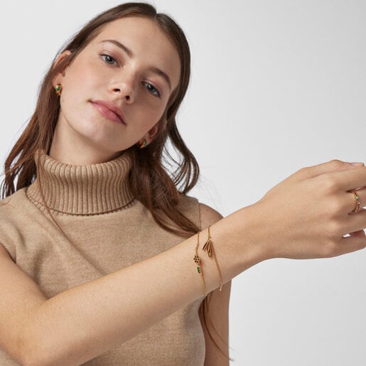 Pulsera Fragile Nature flor con baño de oro 18 kt sobre plata y malaquita