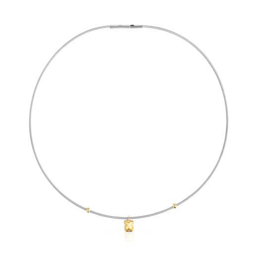 Kurze Halskette Mesh Tube aus Gold und Stahl mit Bärenmotiv
