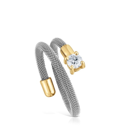 Anillo espiral de acero, oro 14 kt y diamantes creados en laboratorio TOUS Mesh LGD