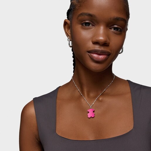 Pack gargantilla de plata y colgante oso de acero en color rosa 22 mm Sweet Dolls