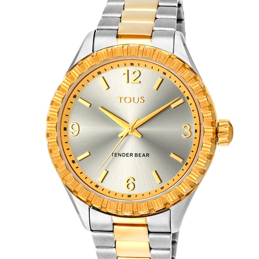 Reloj analógico Tender Bear de acero IP bicolor dorado con relieve de osos