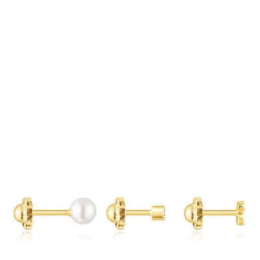 Pack de Piercings de oreja TOUS Pearl de oro con diamante y perla