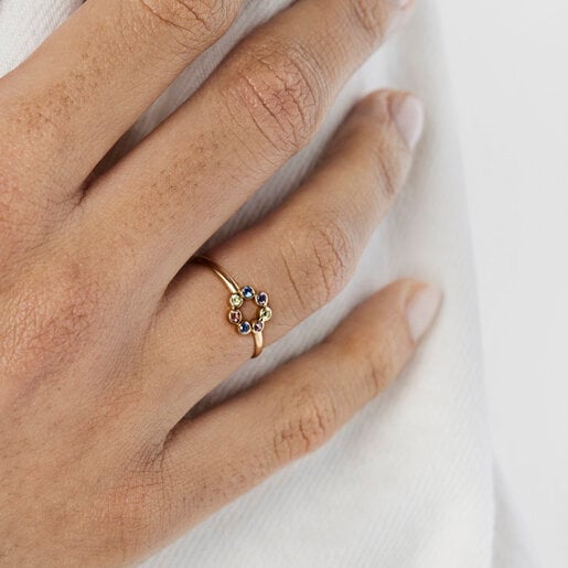 Gold Straight Color disc Ring with Gemstones