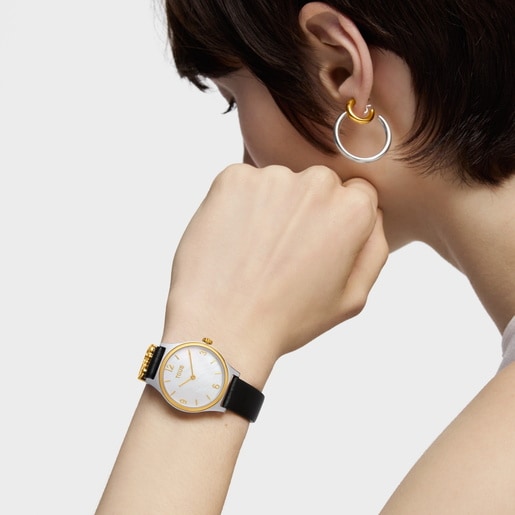 שעון אנלוגי Epic Icon מפלדה בצבע זהב עם לוח מחוגים בגוון אם הפנינה וצמיד עור שחור