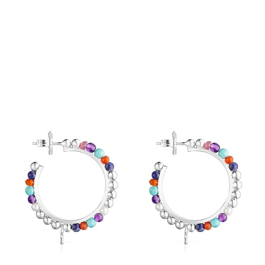 Silver Oceaan Color hoop Earrings with pearls and gemstones | TOUS