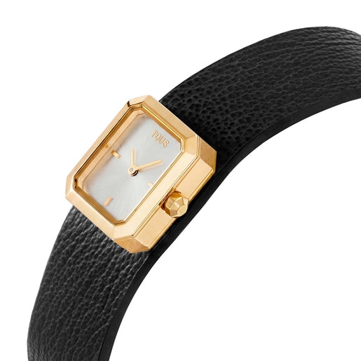 Analog Watch with black leather and gold-colored steel bracelet TOUS KARAT EMERALD MINI