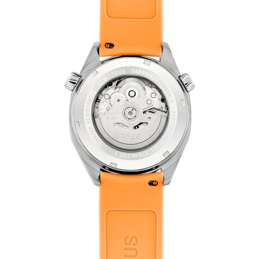 Reloj gmt automático con correa de silicona color salmón, caja de acero y esfera de nácar TOUS Now