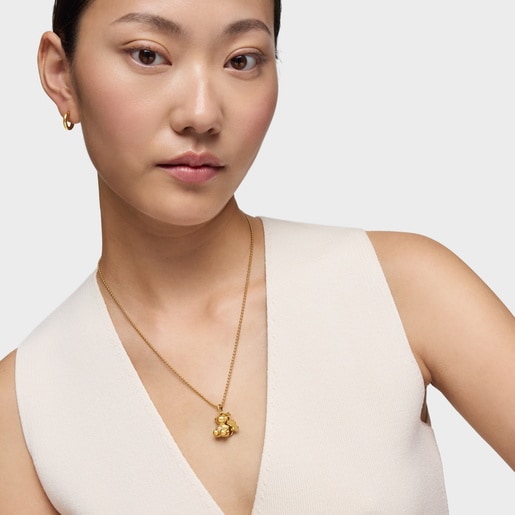 Dije doble oso con baño de oro 18 kt sobre plata y diamante creado en laboratorio Bold Bear