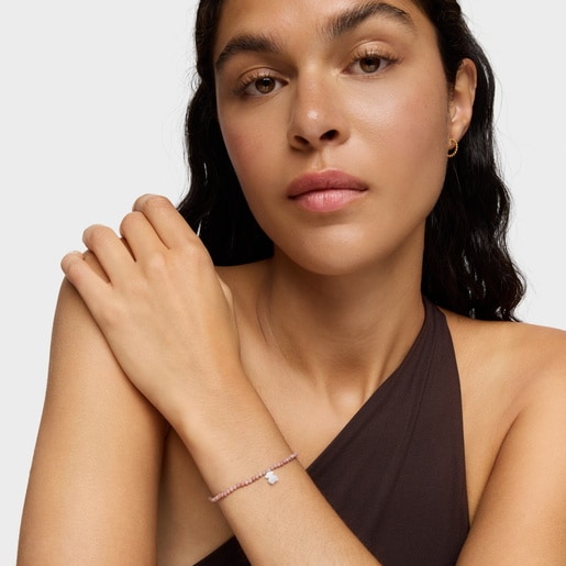 ピンクオパールとシルバーのベアのモチーフが付いた伸縮性ブレスレット TOUS Motif