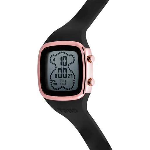 Montre numérique avec bracelet en silicone noir et boîtier en acier IPRG rosé TOUS B-Time