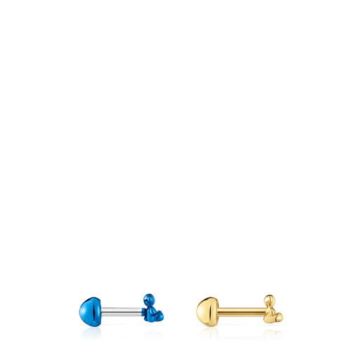 Pack of Bold Bear ear piercings in gold-colored and blue IP steel | TOUS