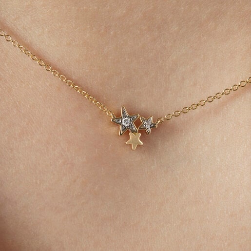 Gold Teddy Bear Stars Necklace with Diamonds