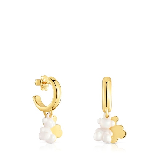 Aretes de aro con baño de oro 18 kt sobre plata, cerámica blanca y doble oso Bold Bear