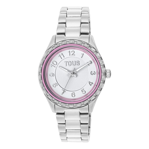 Analogue watch with steel wristband and mauve aluminum inner bezel Mini T-Bear