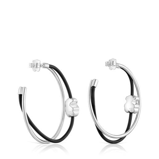 Hoop earrings with bear motif in sterling silver and black rubber TOUS Bold Motif Size of earrings: 45 mm. Push back.
