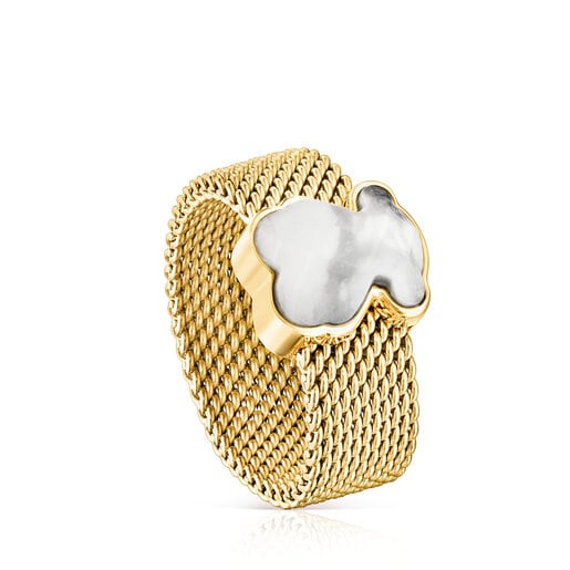 Gold-colored IP Steel Ring with Howlite Bear motif TOUS Mesh Color | TOUS