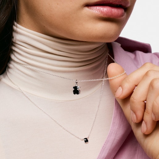 Short silver Necklace with onyx bear motif TOUS Icon Color
