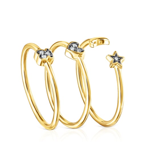 Set of Silver Vermeil Nocturne Rings with Diamonds