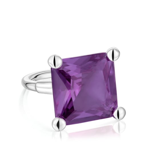 Bague en argent et saphir lilas créé en laboratoire grande TOUS Color Lab