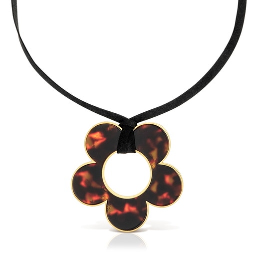 40 mm gold-colored steel, white resin and black cord flower Necklace TOUS Galaxy