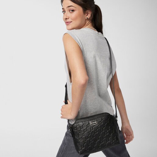 Black Leather T Script Crossbody bag