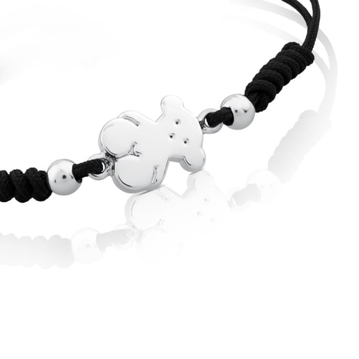 Pulsera Sweet Dolls oso de plata y cordón negro