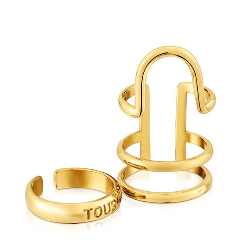 Pack Claws ring con baño de oro 18 kt sobre plata doble garra y logo
