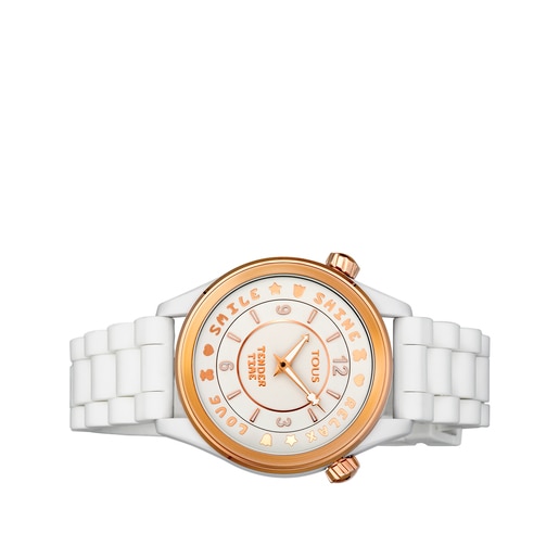 Reloj Tender Time de acero IP rosado con correa de silicona blanca