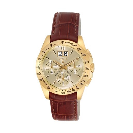 Gold IP Steel Drive Crono Watch with brown Leather strap