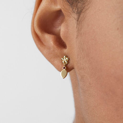 Short Gold Fragile Nature Earrings with Diamonds and Ruby