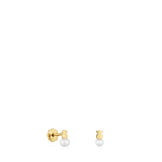 Gold Puppies Earrings with bear motif with a cultured pearl